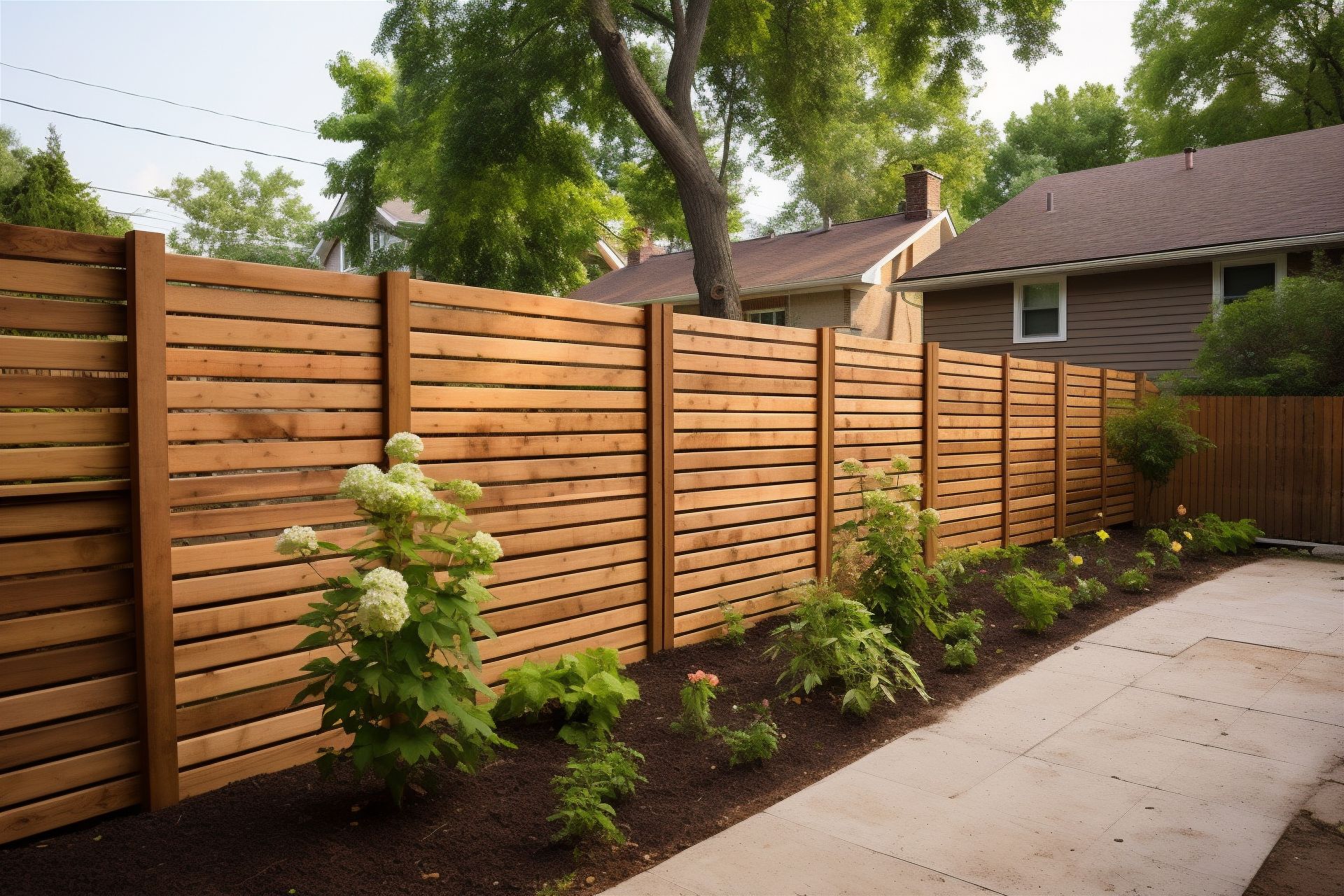 Horizontal wooden slat fence with landscaped garden and stone walkway in a backyard. Horizontal wooden slat fence with landscaped garden and stone walkway in a backyard.