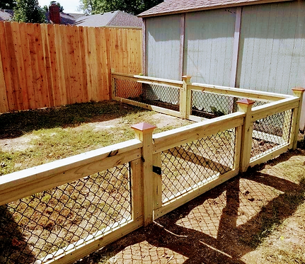 Wooden fence with black netting enclosure in a backyard, beside a wooden fence and shed.
