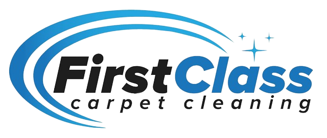 The logo for first class carpet cleaning is blue and black.