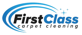 The logo for first class carpet cleaning is blue and black.