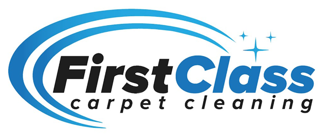 The logo for first class carpet cleaning is blue and black.