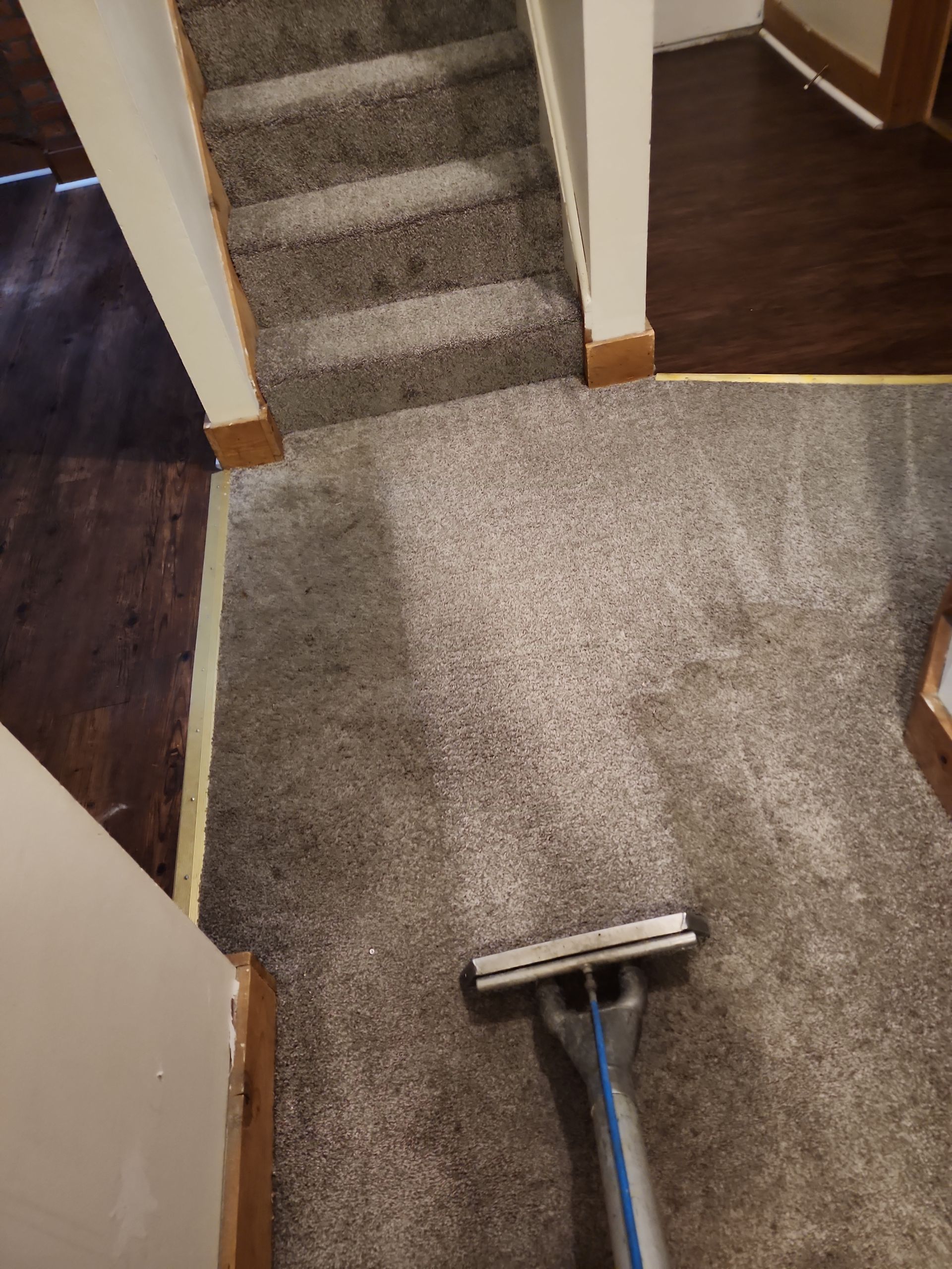 A vacuum cleaner is cleaning a carpet in a hallway next to stairs.