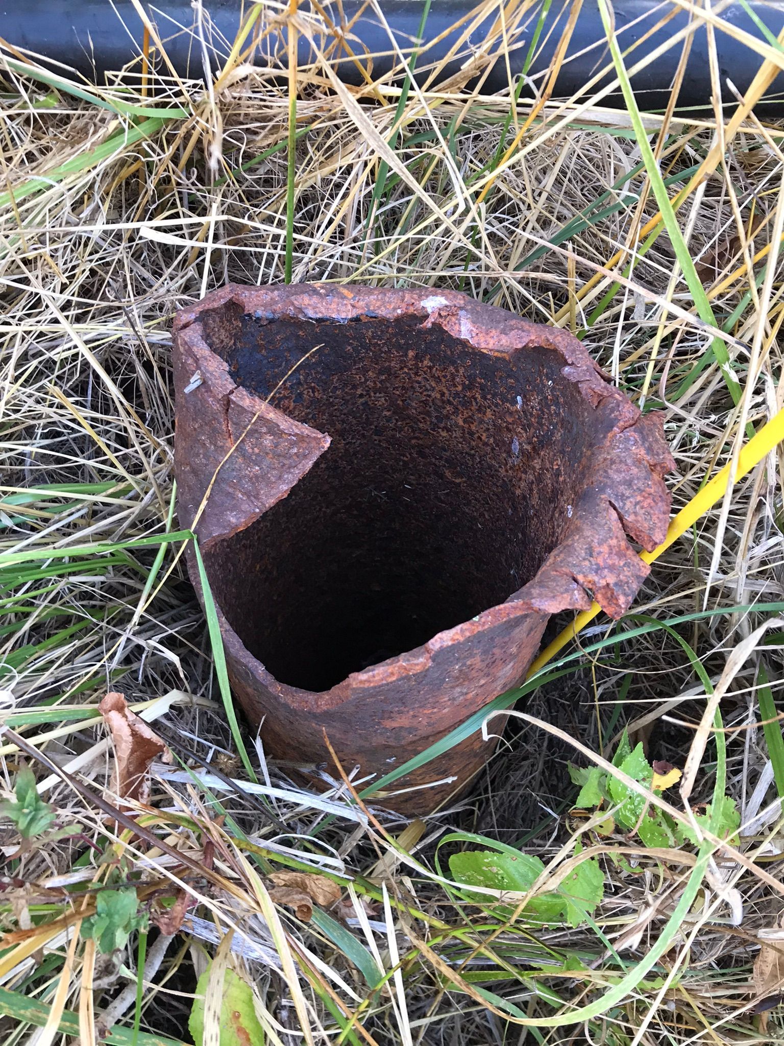 A rusty pot is sitting in the grass on the ground.