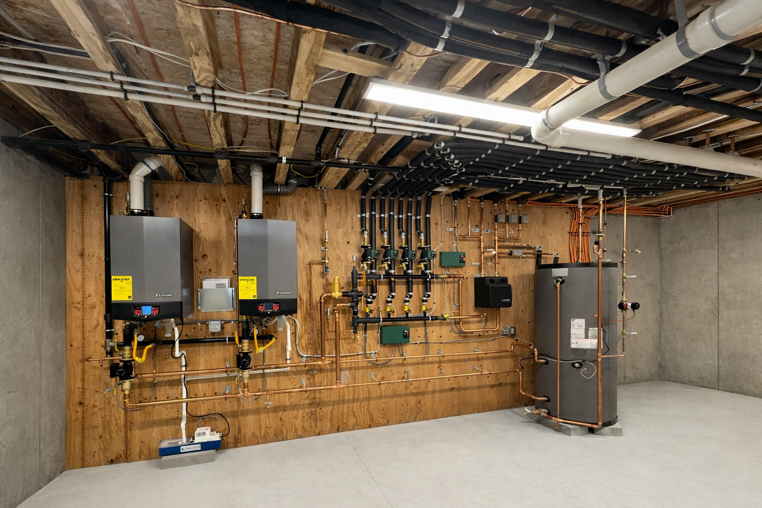 HVAC equipment on wood paneling in a basement: boilers, water heater, pipes, and valves.