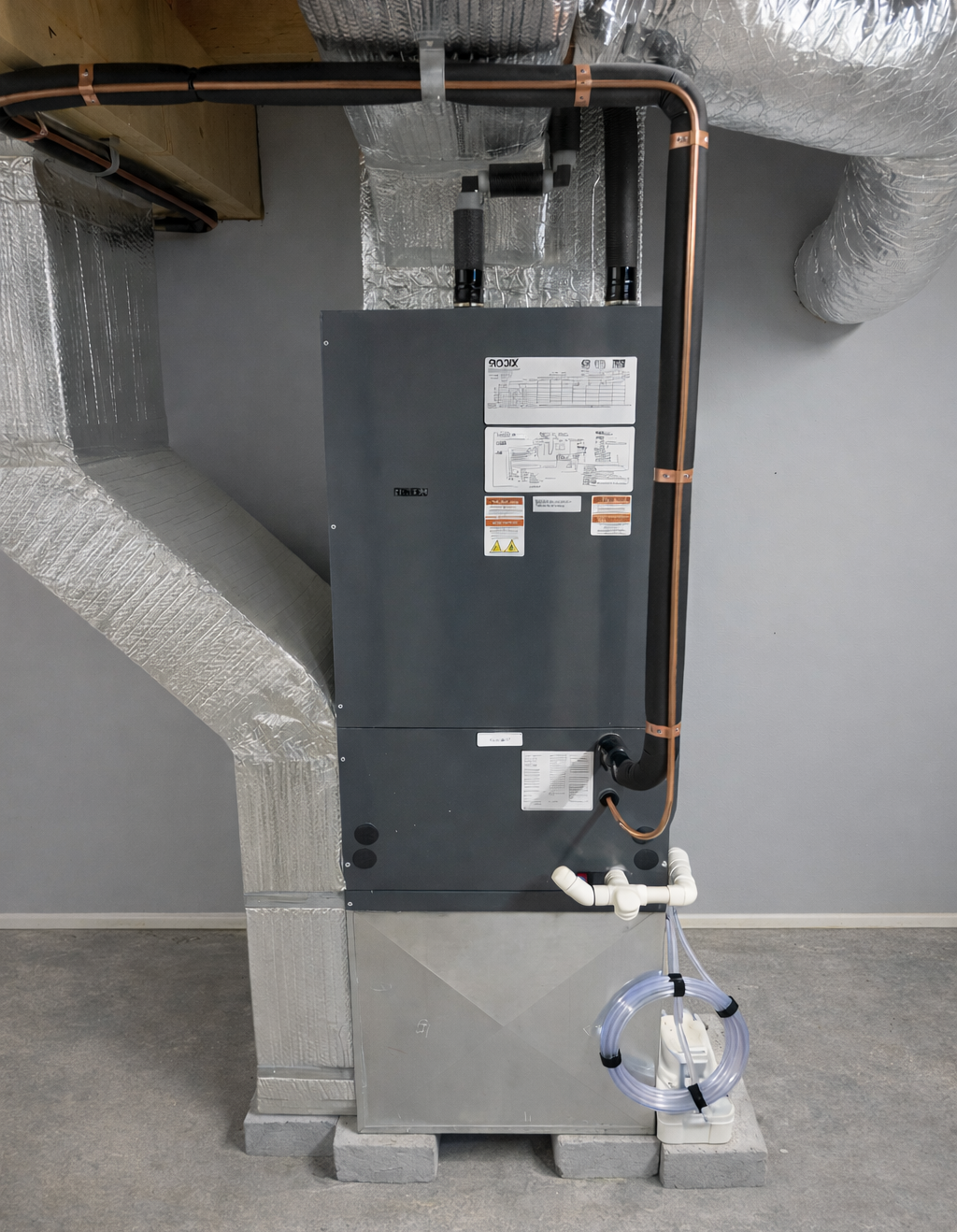 Furnace unit with ductwork and copper piping in a basement setting.