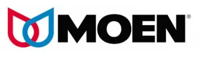 Moen logo with overlapping red and blue water droplets and bold black text.