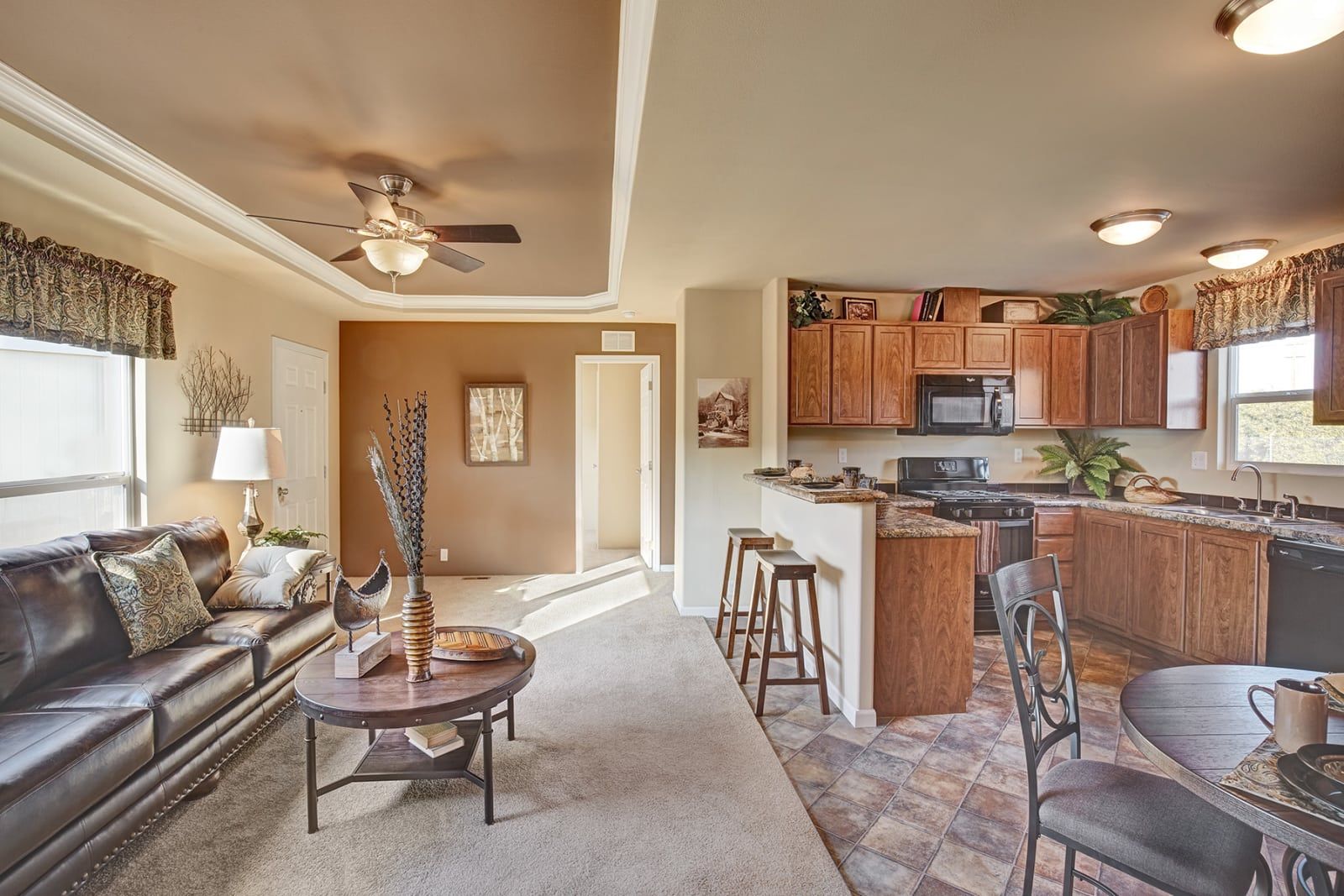 Open-concept living space with kitchen and living room. Brown cabinets, dark leather couch, neutral walls, natural light.