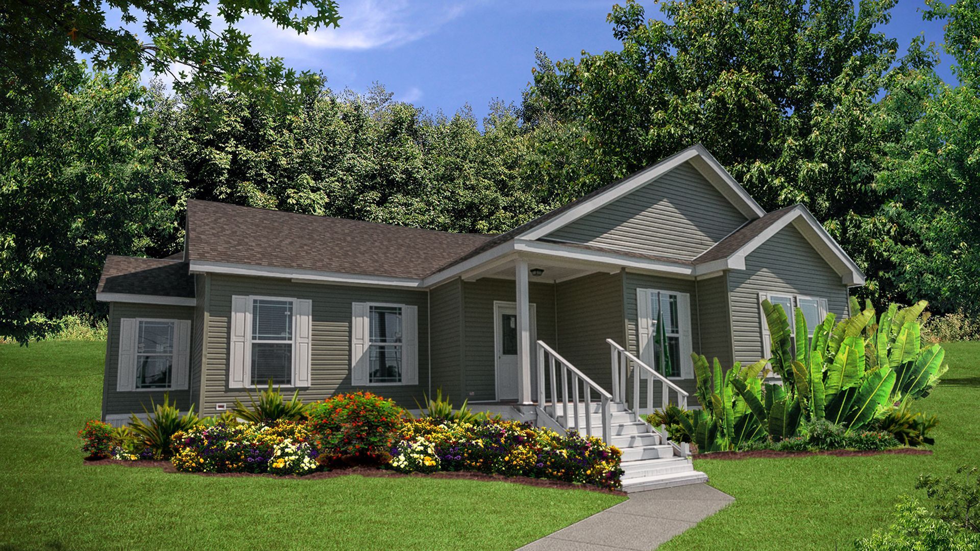 A small, light green house with white trim, porch, and a walkway surrounded by green bushes.