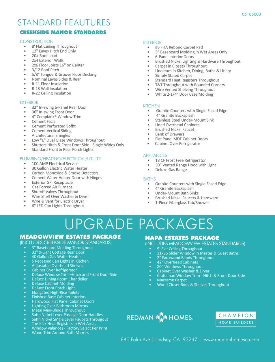 Document detailing standard and upgrade home features. Blue and white text on a white background.