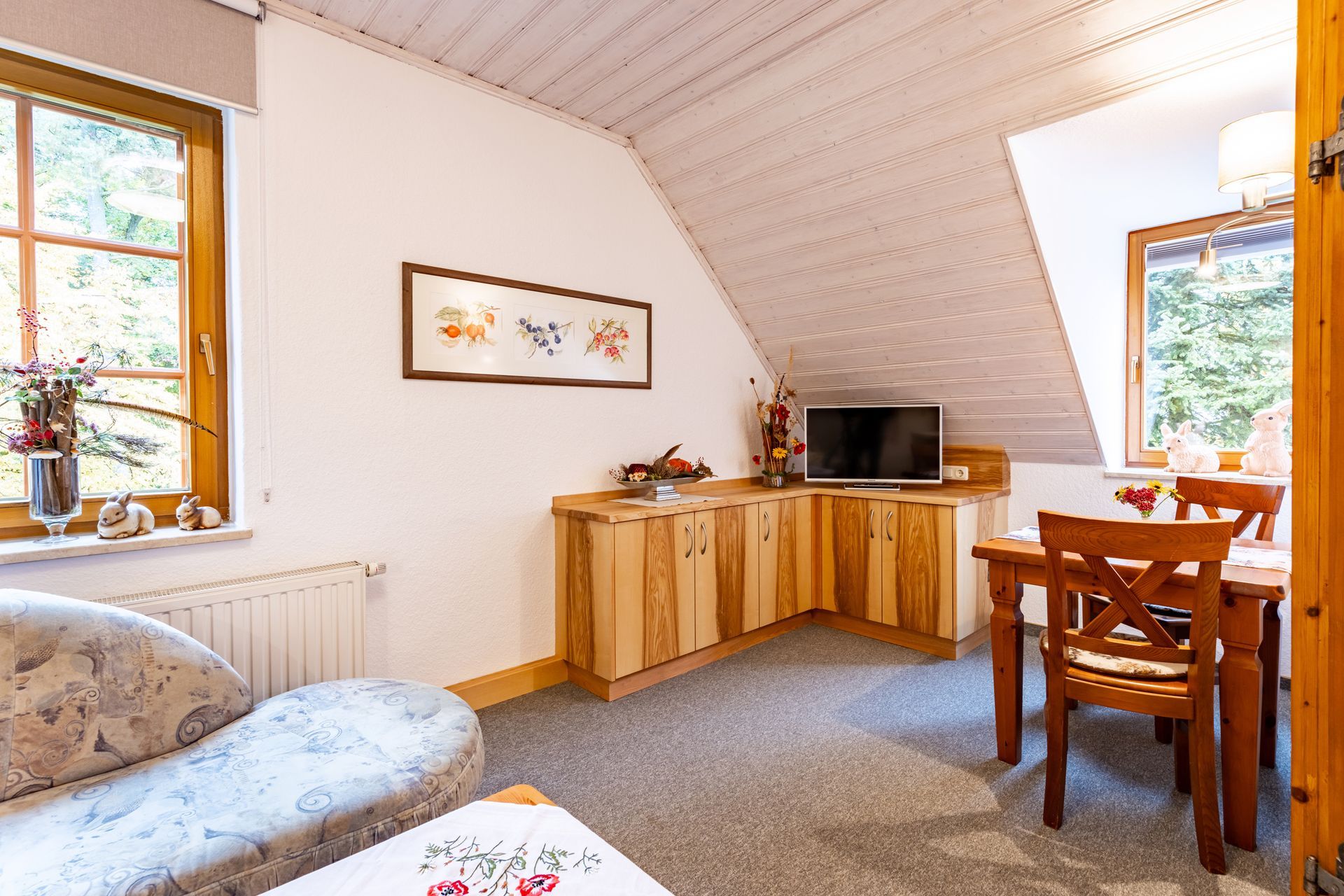 Ferienhof Alte Försterei, FeWo Hasensasse Wohnzimmer mit TV