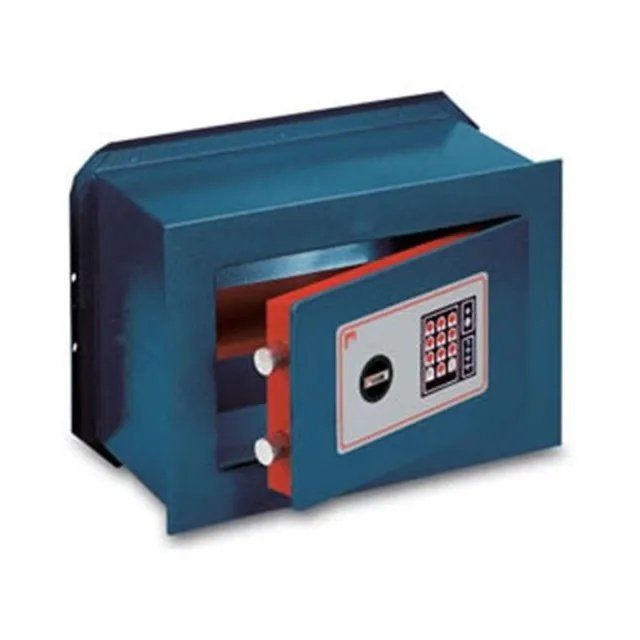 Cassaforte elettronica blu con sportello apribile e serratura a tastiera.