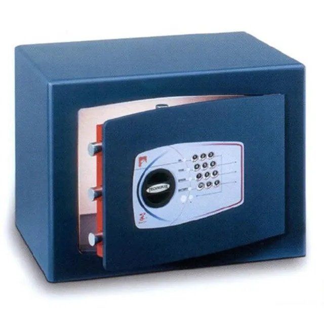 Cassaforte elettronica blu con tastiera e maniglia, mostrata aperta per rivelare l'interno e i meccanismi di chiusura.