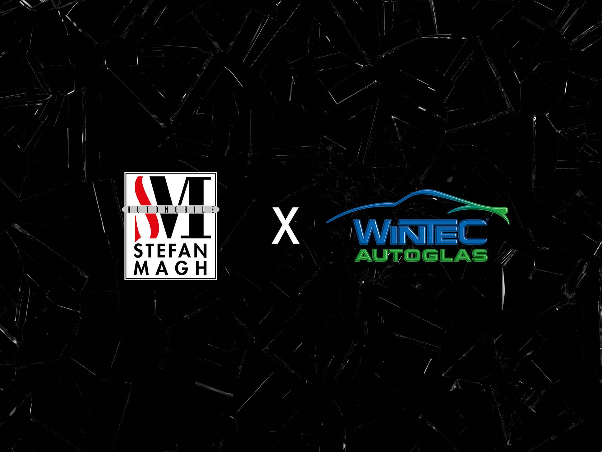 Ein Logo für Stefan Magh und Wintec Autoglas auf schwarzem Hintergrund.