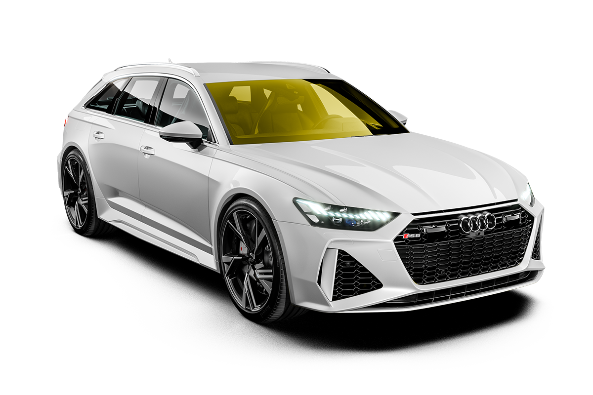 White Audi sedan in a studio setting, front three-quarter view, with black wheels and yellow-tinted windows