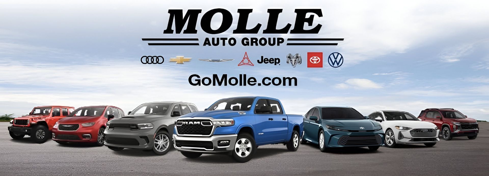 Molle Auto Group dealership banner with six parked cars and the website GoMolle.com