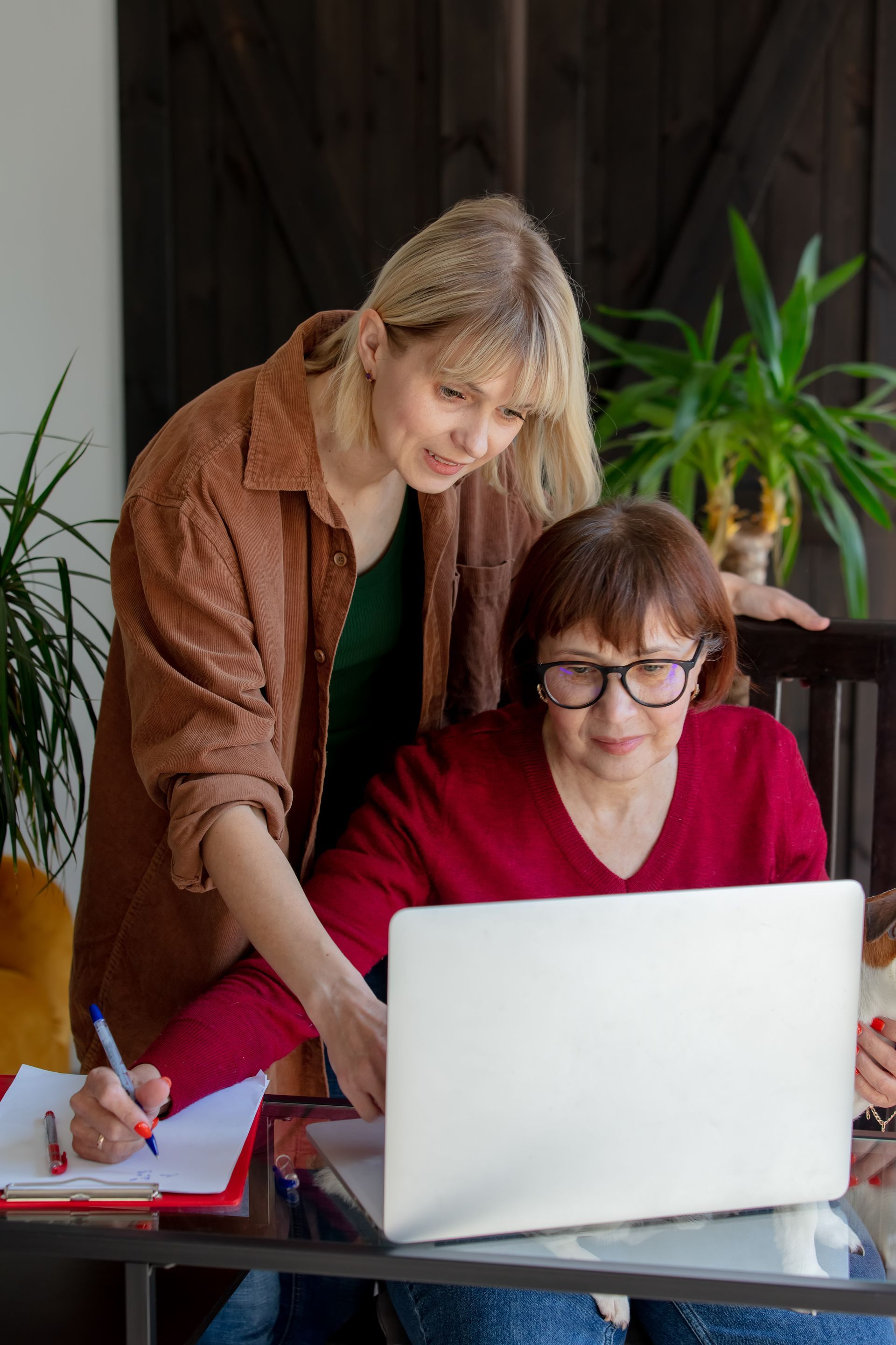 Two people working at a laptop, with one standing and pointing at the screen in a bright indoor setting