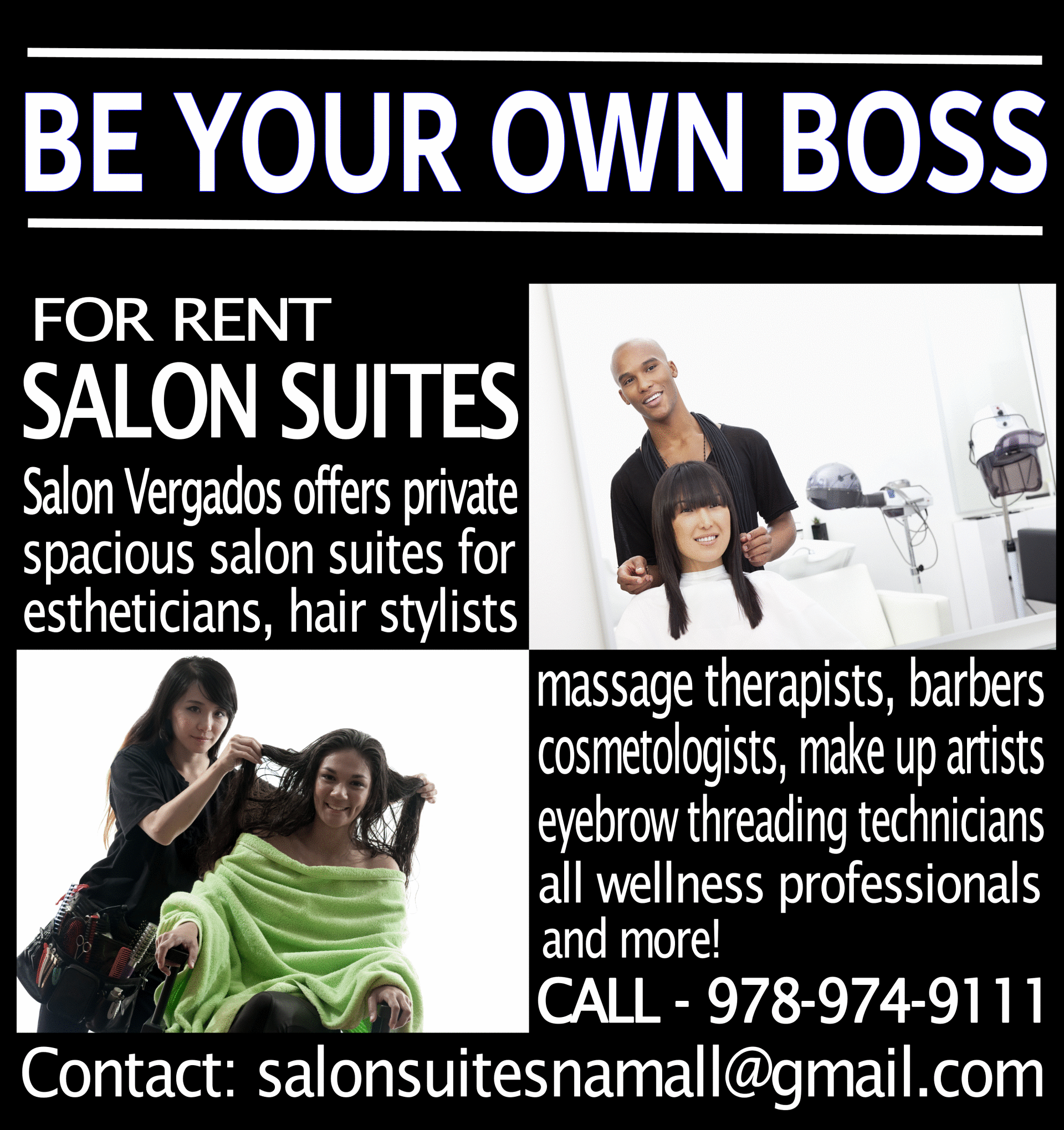 An advertisement for a salon suite for rent