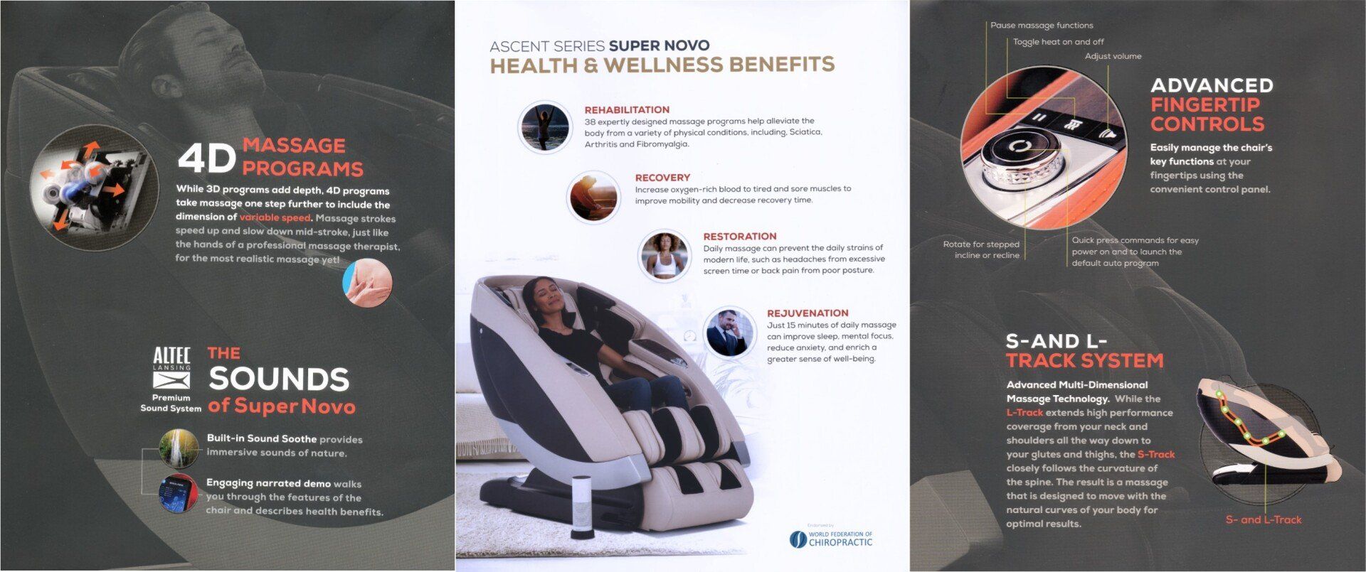 A brochure for a massage chair with a person sitting in it.