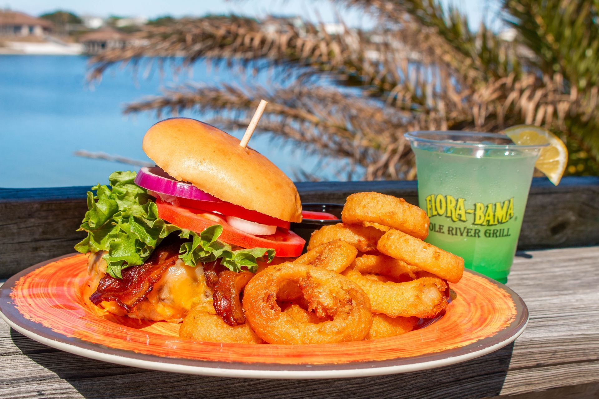 build your own bama burger with onion rings