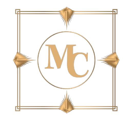 The letter m is in a circle with a gold frame around it.