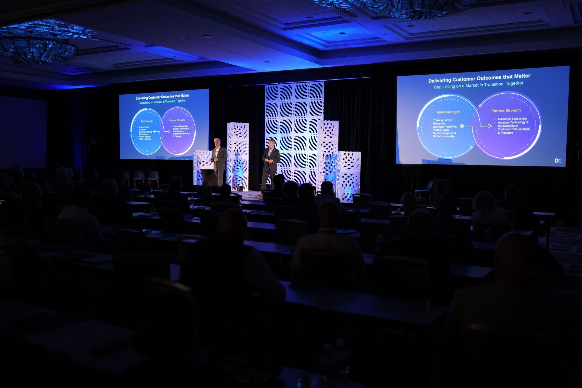Two Mitel leaders on stage at the  Mitel Executive Partner Summit.