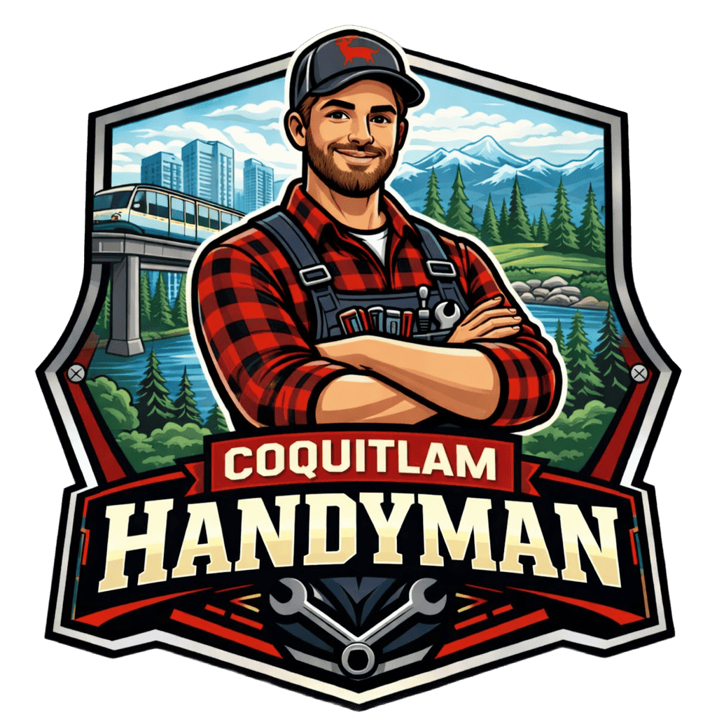 Logo of Coquitlam Handyman; a handyman with a tool in a blue and white badge.