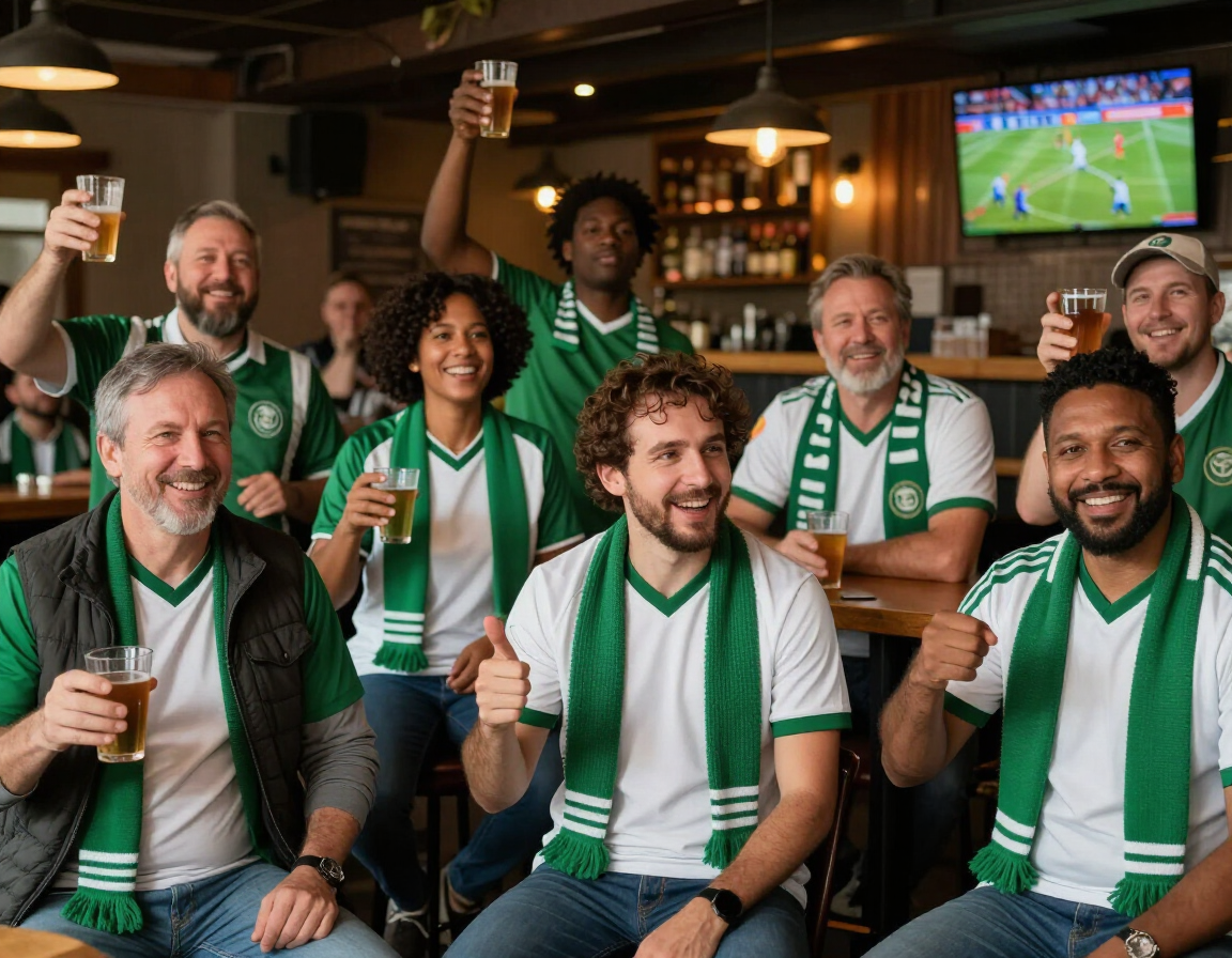 Torcedores vestindo verde e branco reunidos em um bar