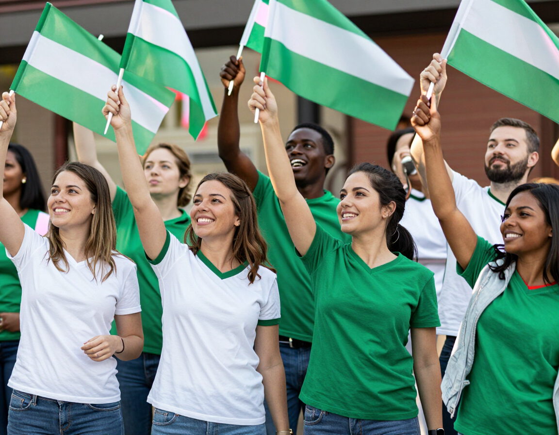 Torcedores celebrando juntos com bandeiras verde e branco