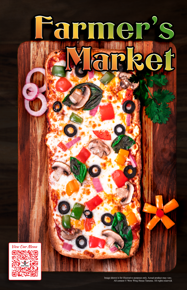 Farmer's Market pizza on a wooden board with vegetables, and the words 