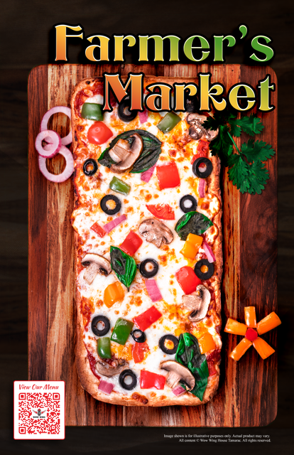 Farmer's Market pizza on a wooden board with vegetables, and the words "Farmer's Market" written above.