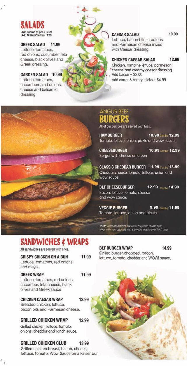 A menu with a sandwich and a wrap on it