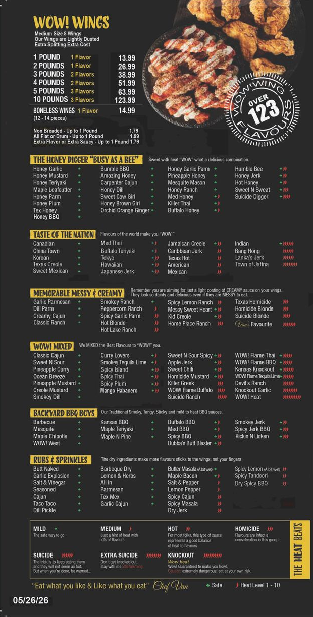 A menu for a restaurant with chicken wings on it