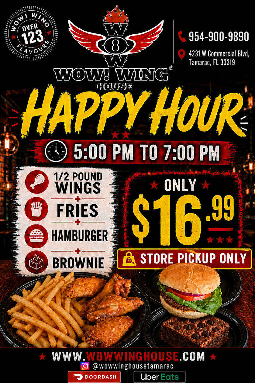 Flatbread menu from Wow! Wing House. Black background, red logo. Includes Margherita, Ultimate Pepperoni, Buffalo Chicken, etc.