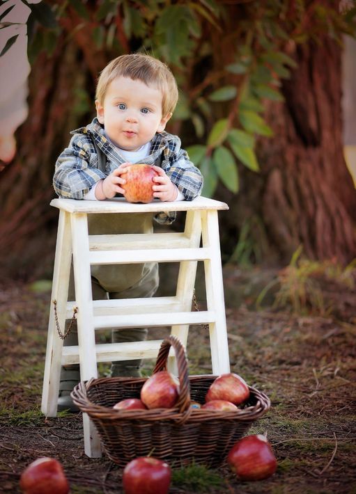 Un niño pequeño sentado en una trona blanca al aire libre, sosteniendo una manzana, con una cesta de manzanas debajo.