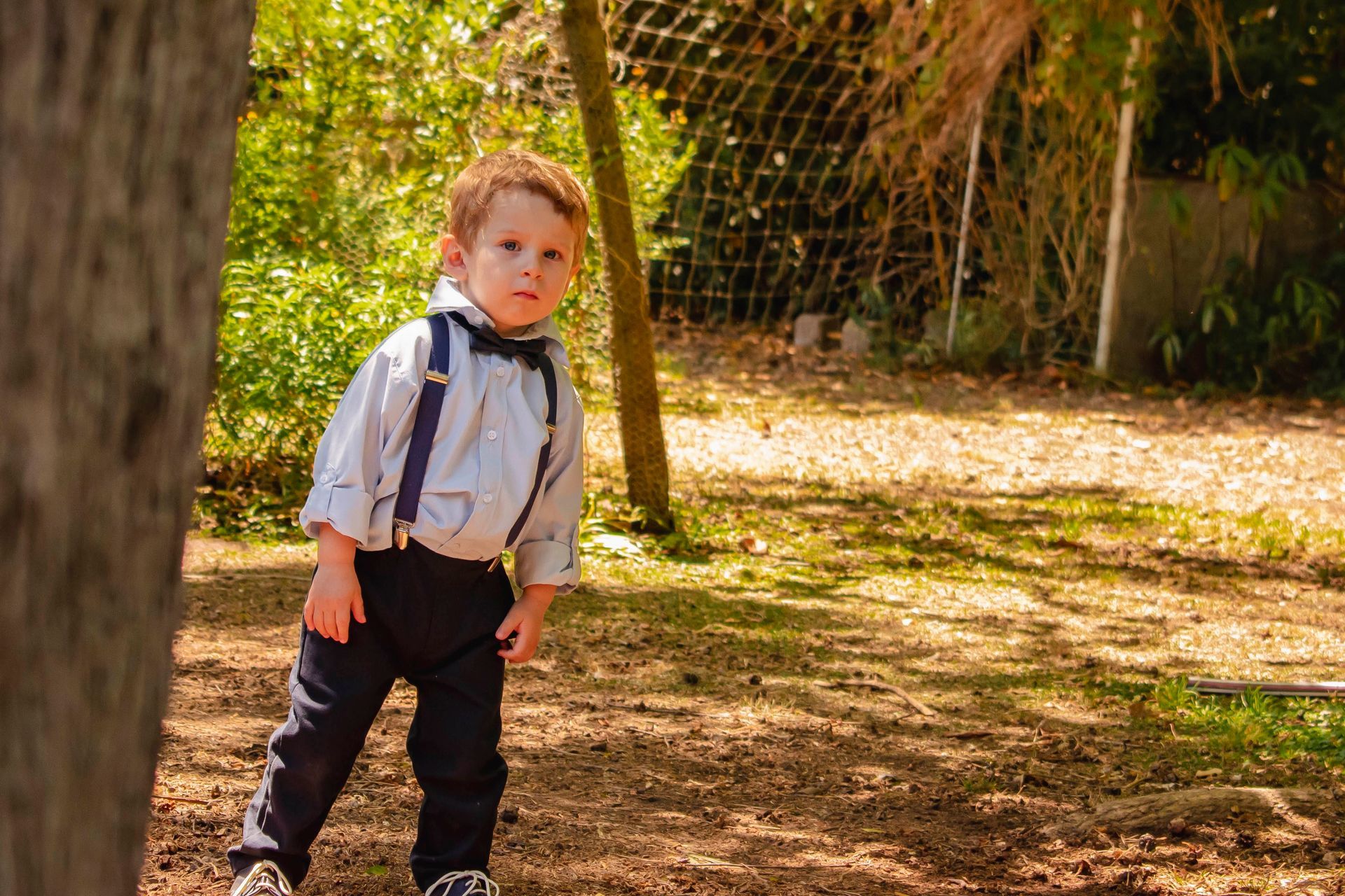 Un niño pequeño está de pie al aire libre, junto a un árbol y una valla de red, vistiendo una camisa blanca, tirantes.