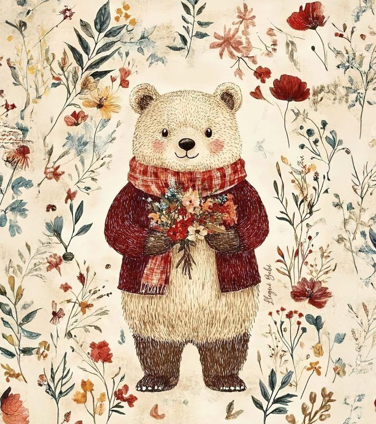 Un adorable osito de peluche con bufanda y suéter rojos, sosteniendo flores sobre un fondo floral invernal.