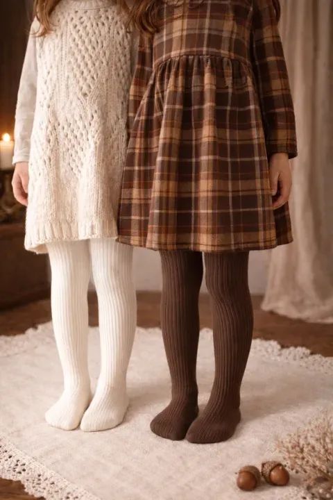 Dos personas con vestidos color crema y marrón, de pie una al lado de la otra y con medias sobre una alfombra.