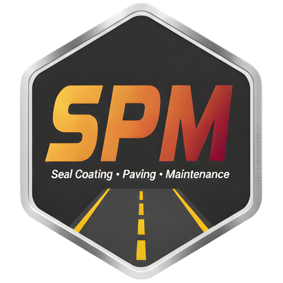 Logo for SPM, a paving company, with text and a road graphic. The text reads