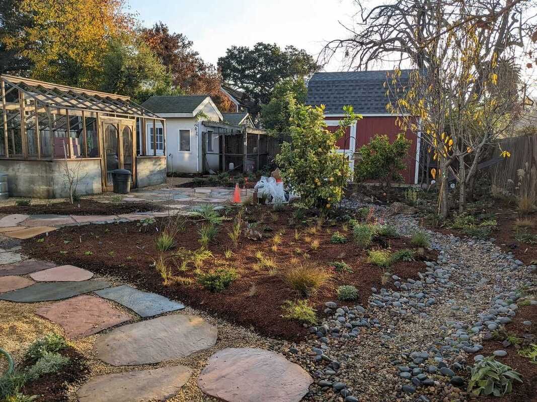 There is a house in the background and a garden in the foreground.