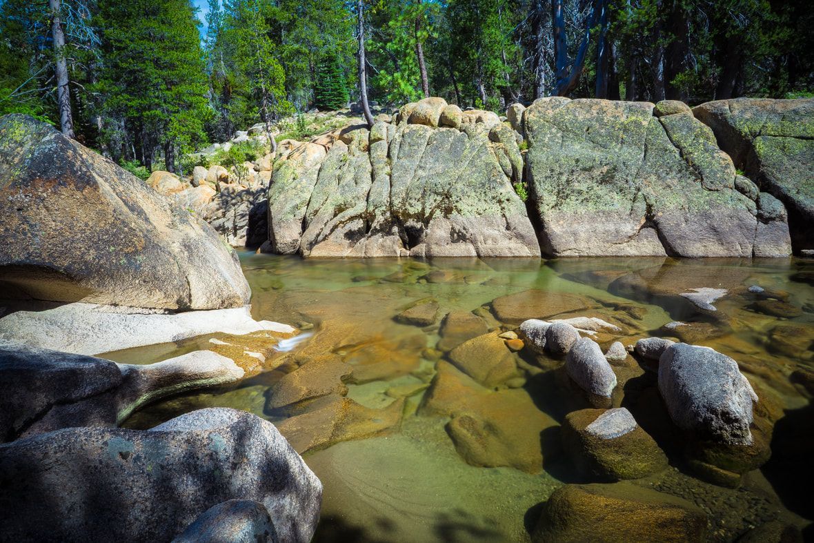 A river surrounded by rocks and trees in the middle of a forest.