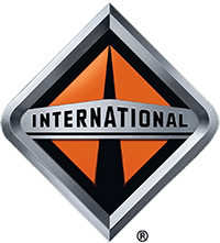 International Trucks logo: silver diamond shape with orange and black accents and text 