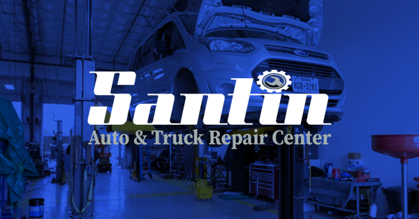 Santin Auto & Truck Repair Center sign overlaid on a car in a repair shop, blue backdrop.