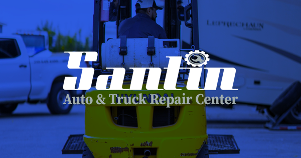 Forklift in front of a truck, logo overlay says