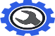 Blue gear icon with a black-and-white circular center emblem
