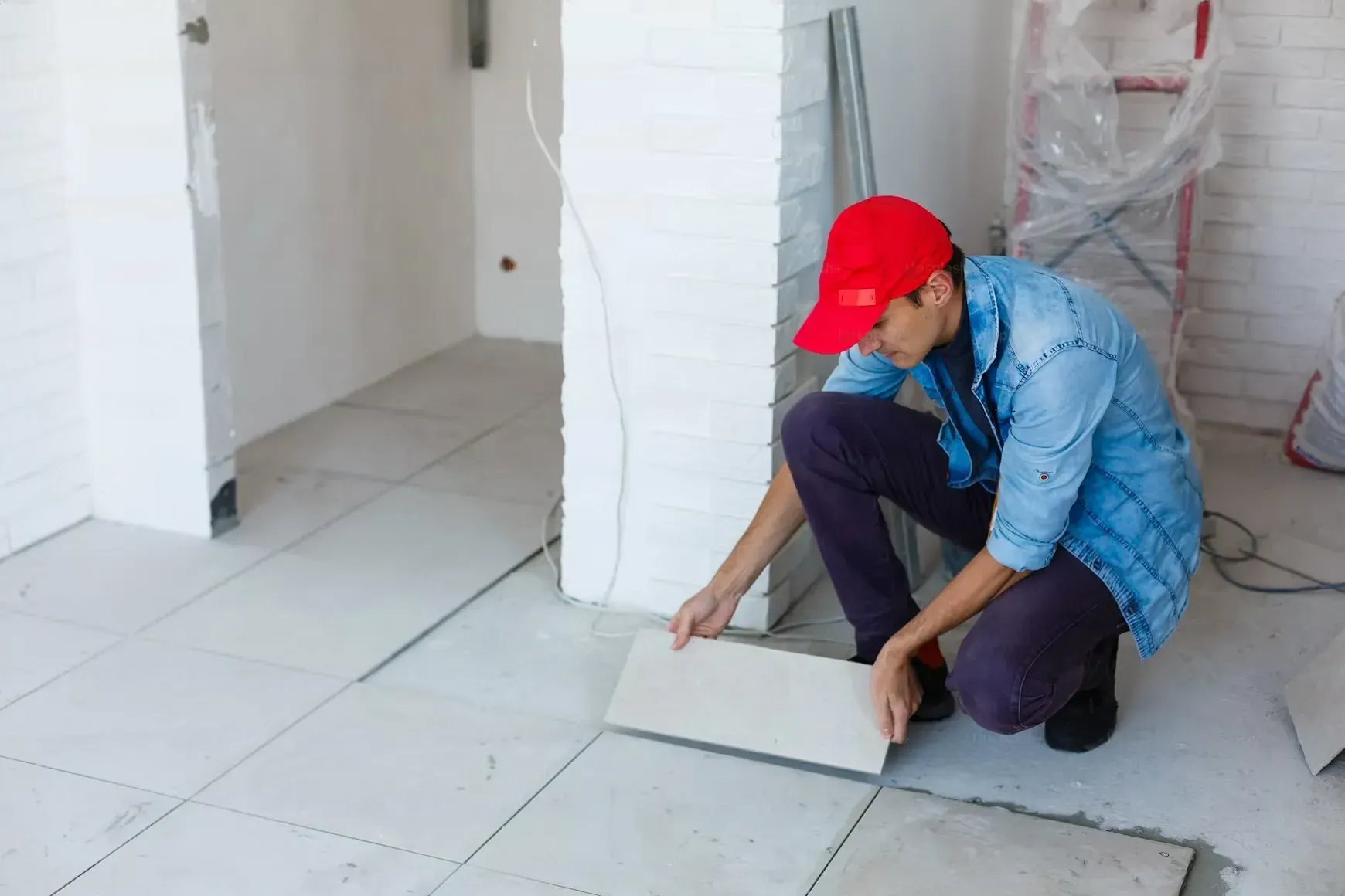 Worker in red cap kneeling on tile floor, aligning a floor tile in a white room under construction.