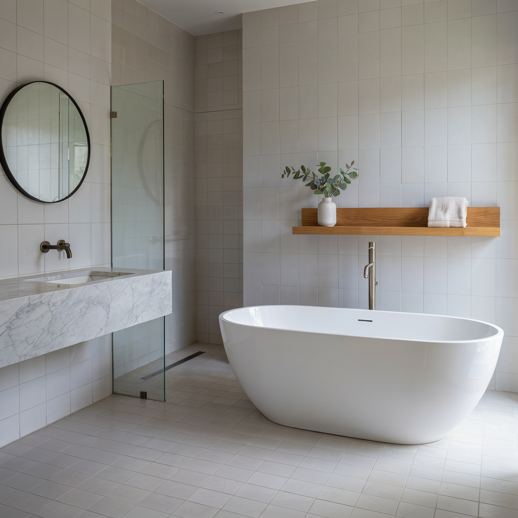 Minimal modern bathroom with freestanding white tub, marble sink, round mirror, and wooden shelf