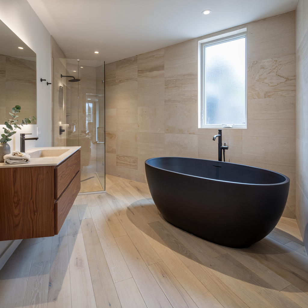 Modern beige bathroom with a black freestanding tub, walk-in shower, and wood vanity near a frosted window