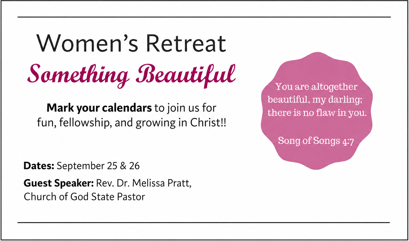Women's Retreat “Something Beautiful” flyer with dates, speakers, and a pink floral accent