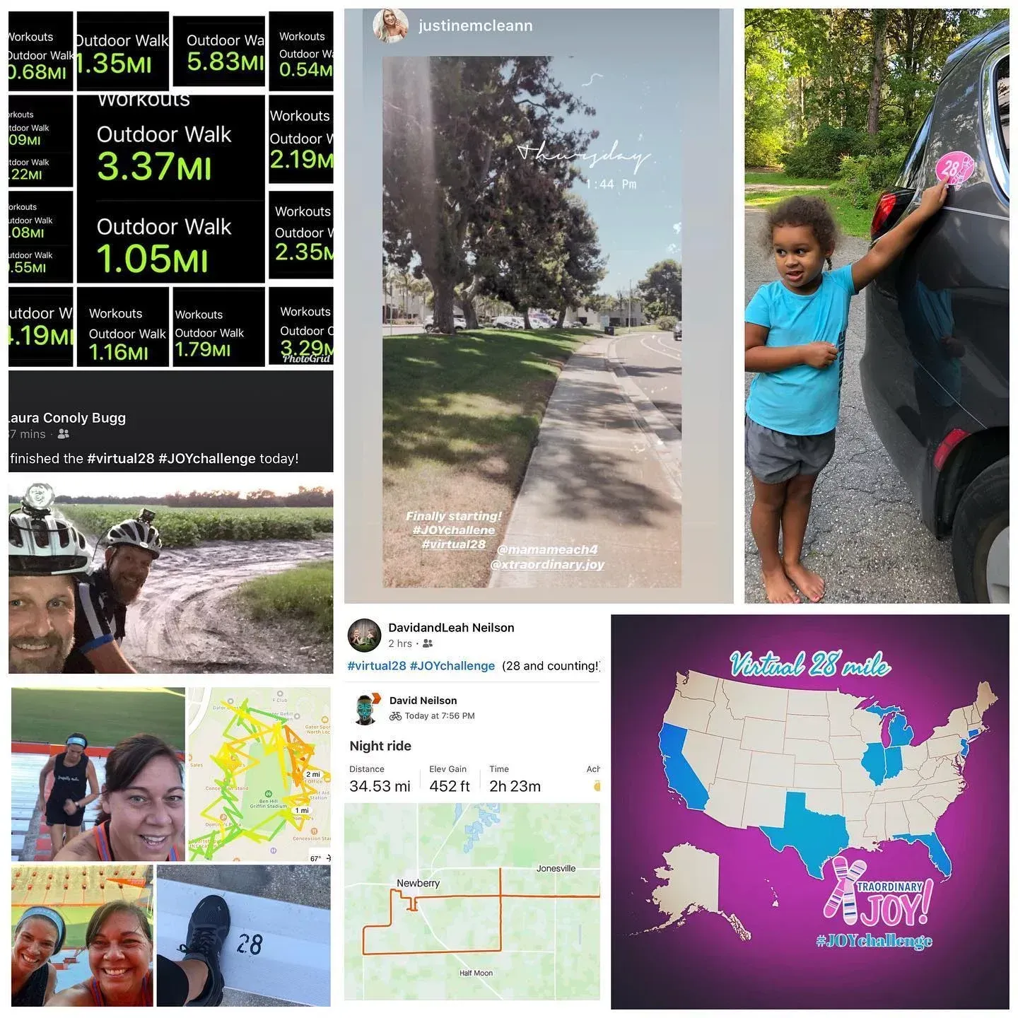 Collage: outdoor activities, including walks, a bike ride, and a map of a running route. Includes a child washing a car.