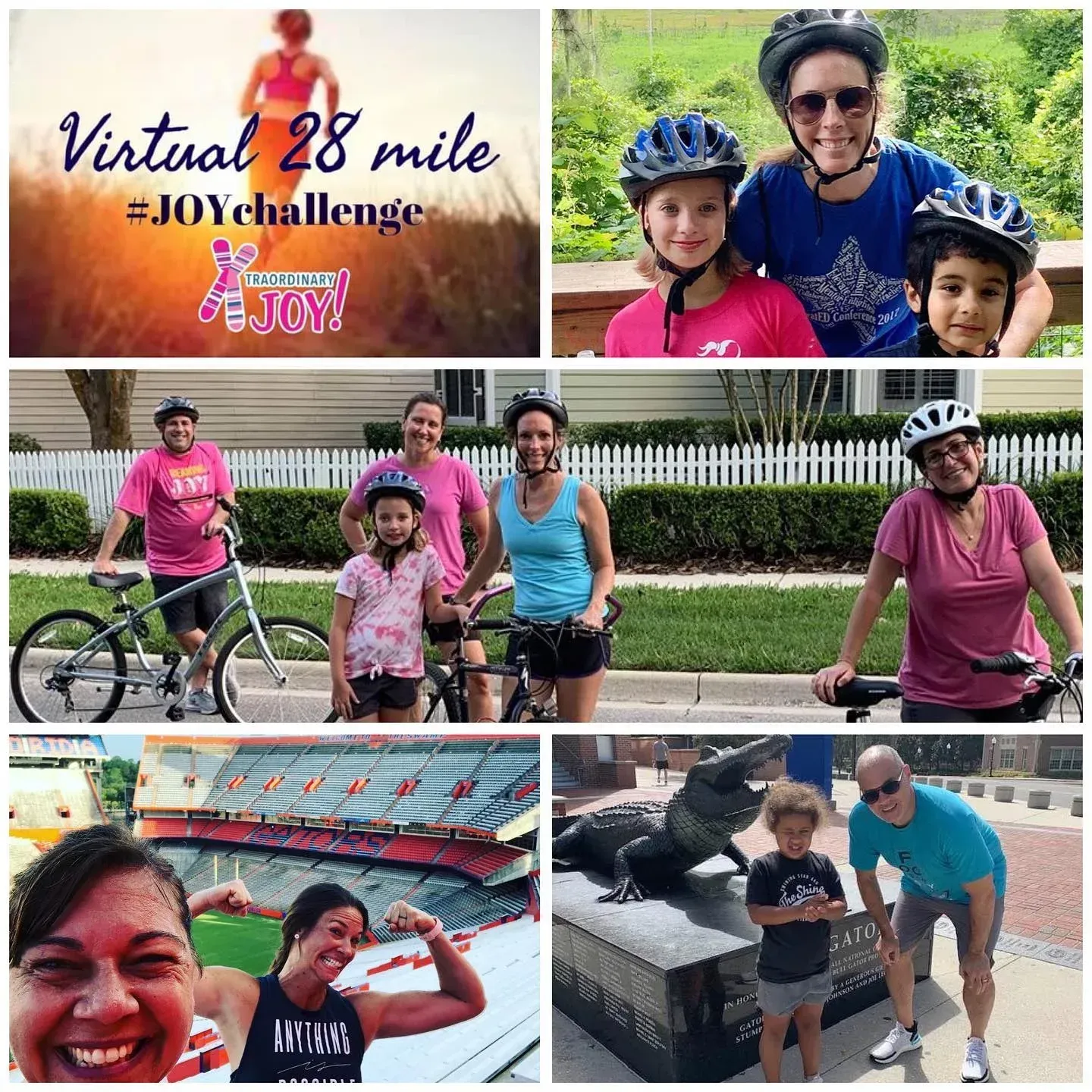 Collage: People participating in a virtual fitness challenge, biking, posing, and visiting landmarks.